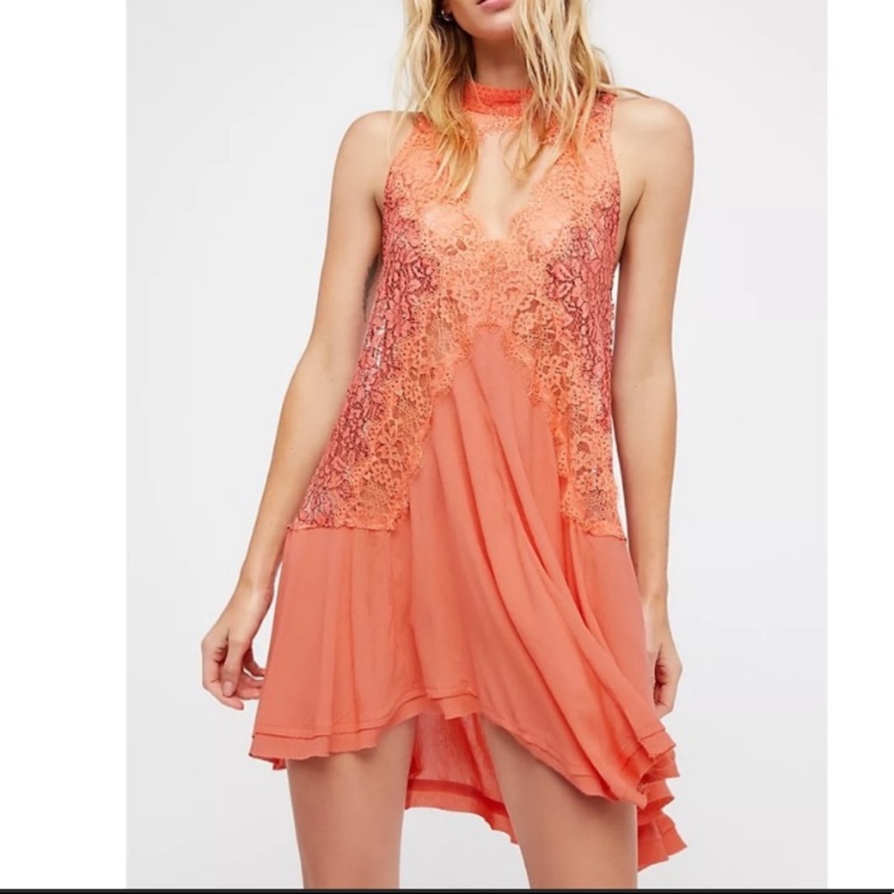 Free People Coral Lace Chiffon Tunic